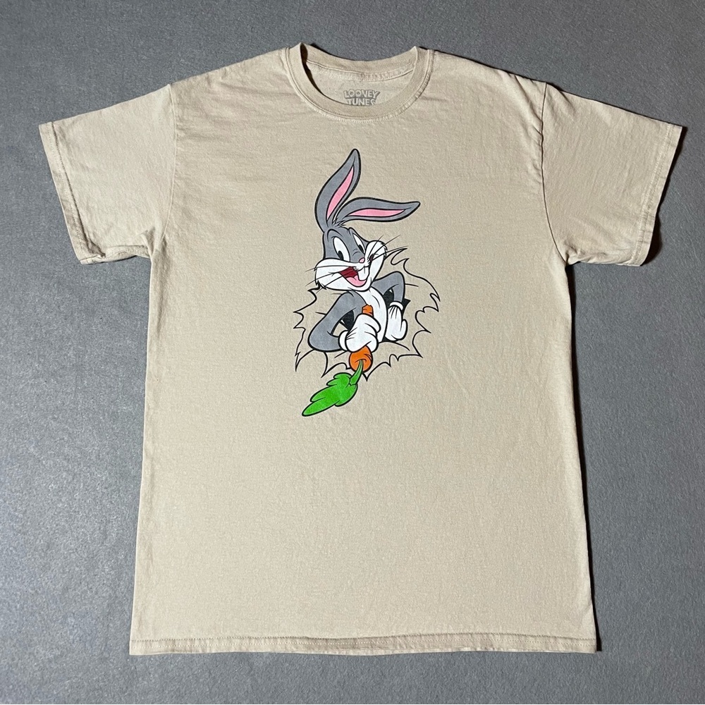 Looney Tunes Bugs Bunny T-Shirt Men’s Medium Tan Retro Cartoon Graphic Cotton
